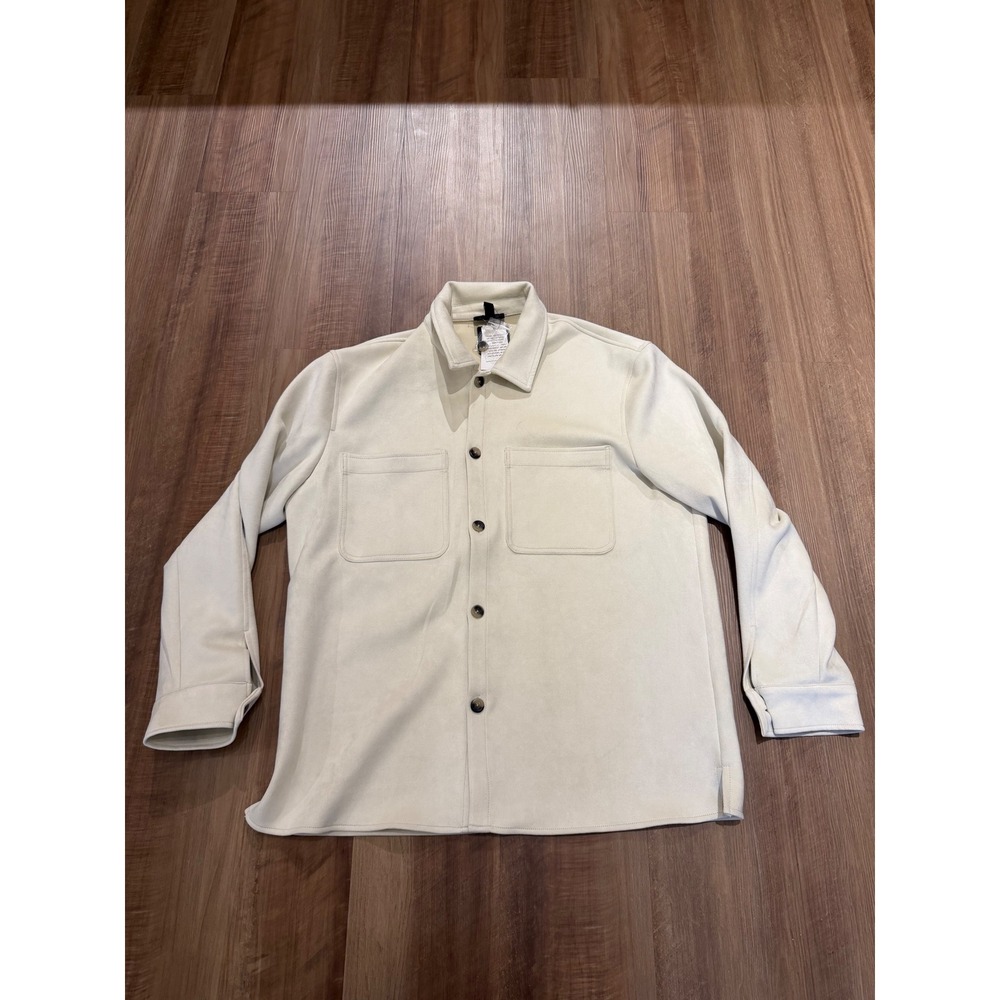 Magaschoni Man Faux Leather Shirt Jacket Mens Large Ivory GM40177M Shacket NWT‎